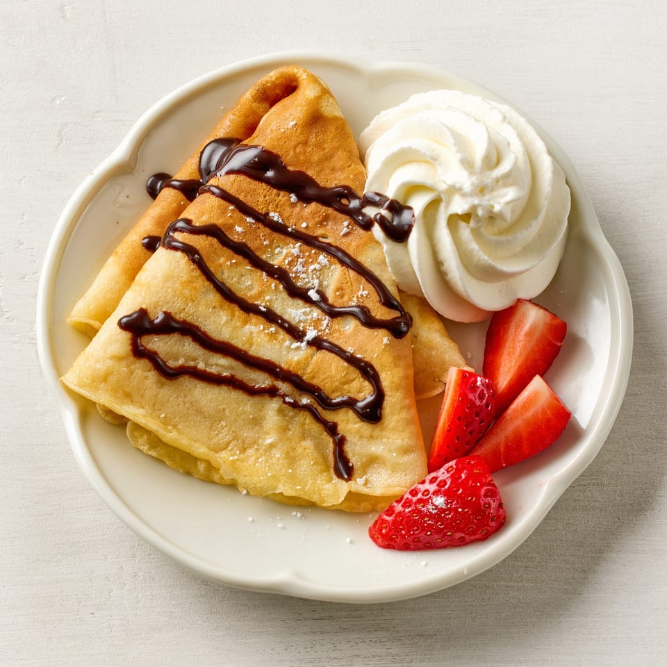 Two golden crepes drizzled with chocolate, topped with whipped cream and fresh strawberry slices.